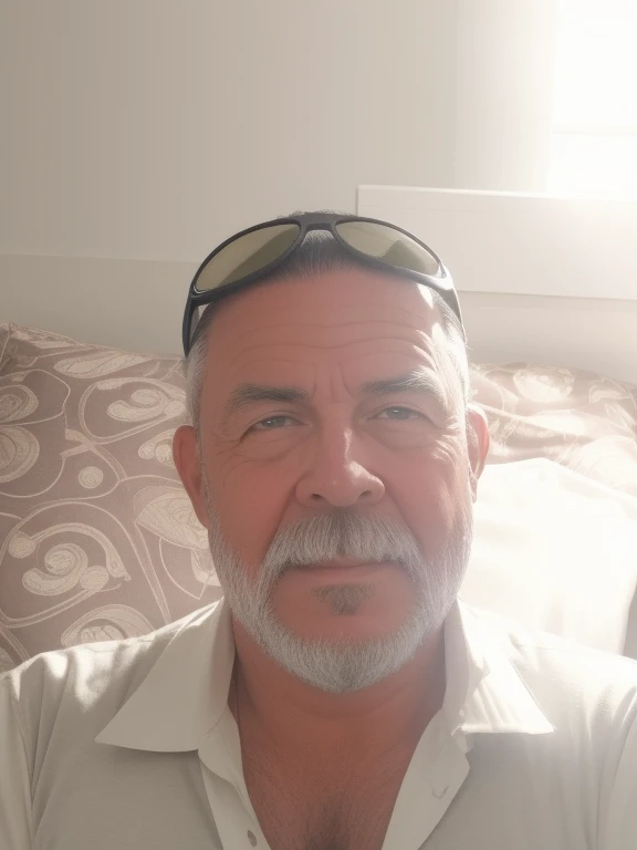 a man with sunglasses on his head is sitting on the bed, and catches fish