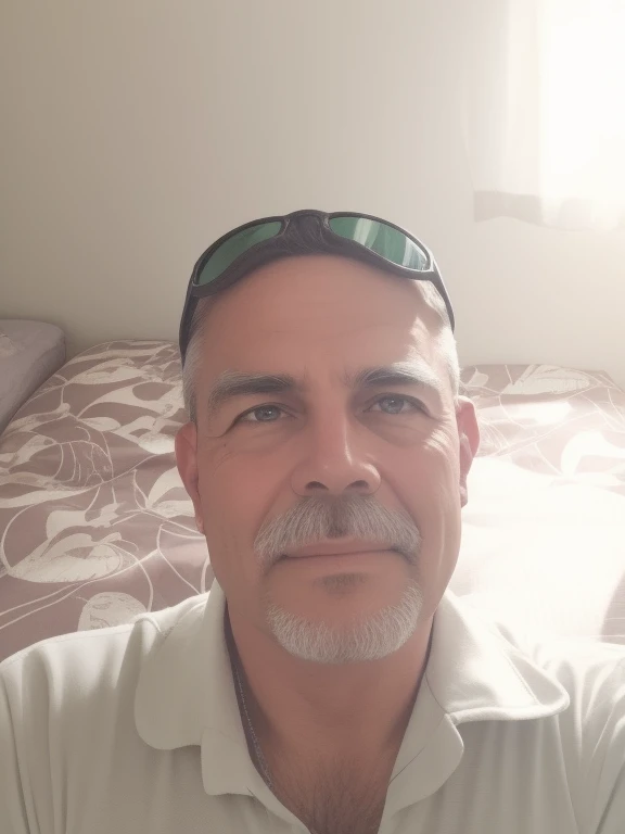 a man with sunglasses on his head is sitting on the bed, and catches fish