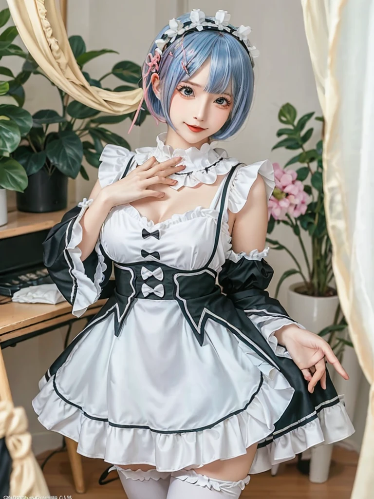 (8K, Photorealistic, Raw photo, of the highest quality: 1.3), (1girl in), Super beautiful, (Realistic face), (boyish, pink Color Berry Shorthair), Beautiful , Glare that captivates the viewer, Beautiful expression, Beautiful breasts, (Realistic skin), Be...Create a detailed and colorful image of Ram and Rem from Re:Zero, standing back-to-back in their maid outfits, with a magical fantasy background、14years old, two girls,cute, perfect face, beautiful, nice body, gothic lolita clothes, gothic lolita fashion, frilly skirt, headdress, necklace, bracelet, knee-high socks, boots, double eyelids, tear bags, Detailed down to the fingers, photo-like description, indoors, dim indoor lighting, one girl is pink hair and short bob, another girl is light blue hair and short bob,standing, sexy posing,whole body, composition that shows the whole body, smiling,The Both of them are wearing the same type of maid outfit