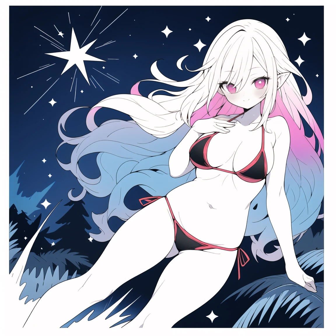 (best quality, vivid colors),deslumbrante.
## Generated prompt 1 girl, forest, striking, Chonmago, no sclera, high-cut bikini, high-contrast hair, (best quality, vivid colors), dazzling.