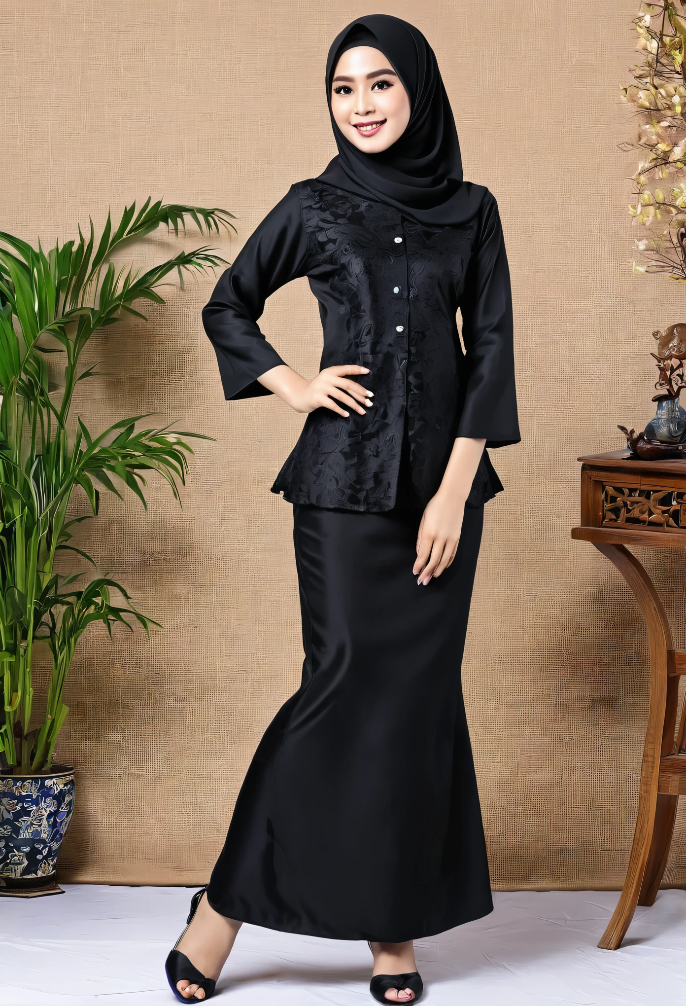 perempuan cantik pakai baju kurung hitam