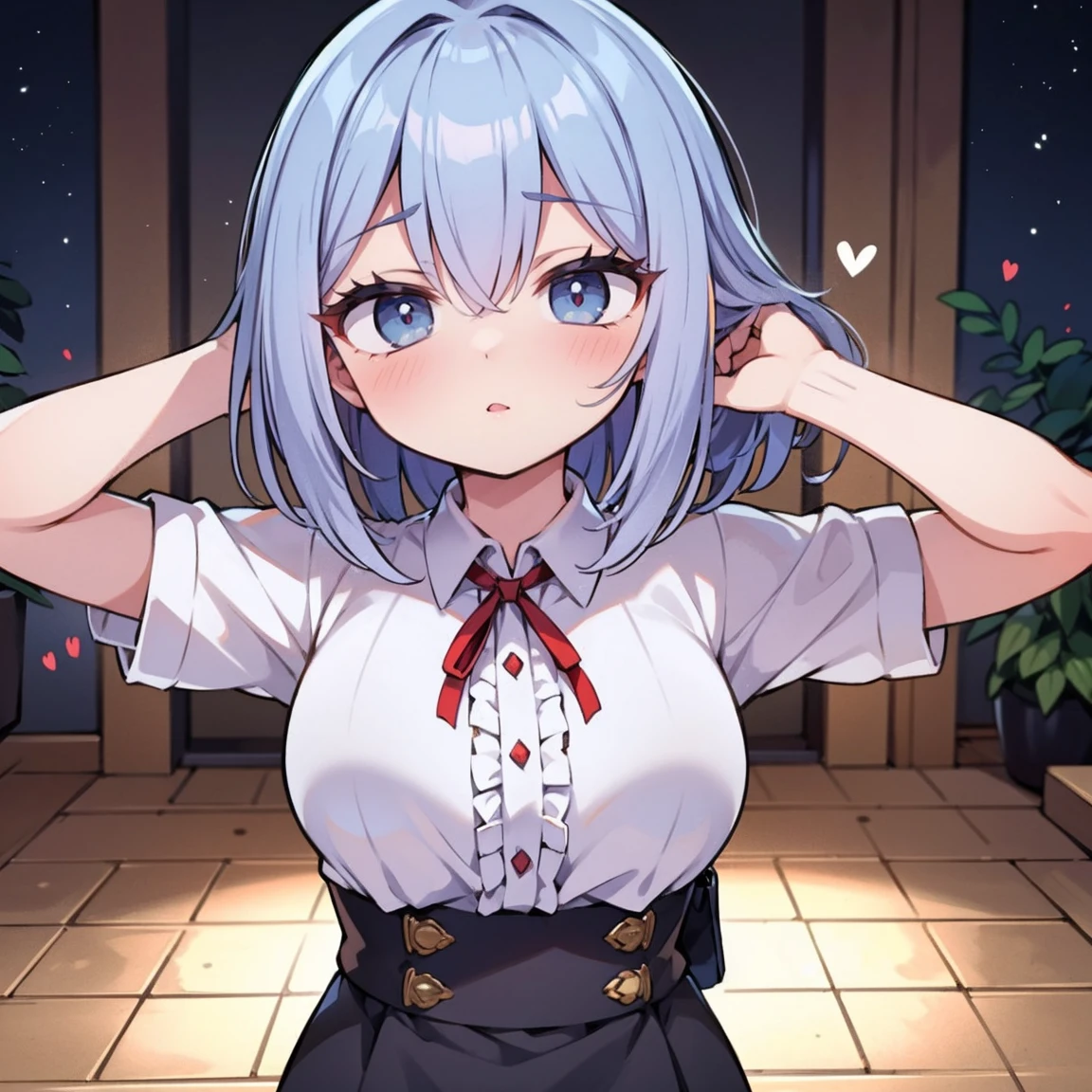 4K, Melhor qualidade, garota, cabelo branco, medium length hair, olhos vermelhos, Camisa SkyBlue com Emote de Amor, saia branca
