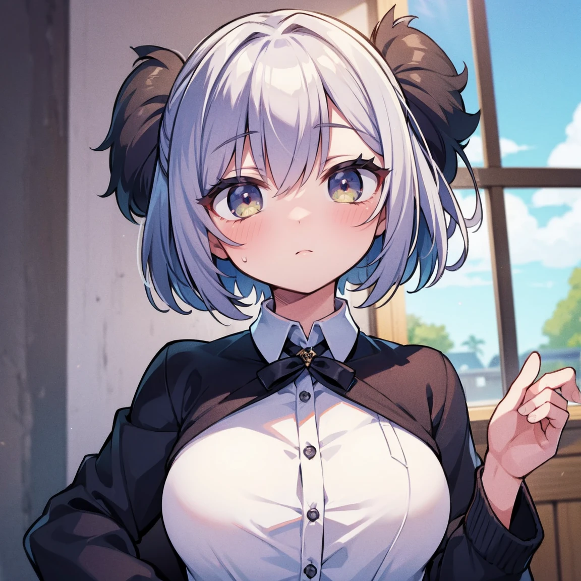 beautiful, masterpiece, Highest quality, anime, One girl, C Cup,Portrait Shot, View your viewers, Covered、Short Hair、nearby、Blue Eyes、art、、White hair,Blue streaked hair、hairpin、Cute smile、Thighs、Cute、Beautiful breasts、 tights、、brown_tights、Micro Mini、Career woman outfit
