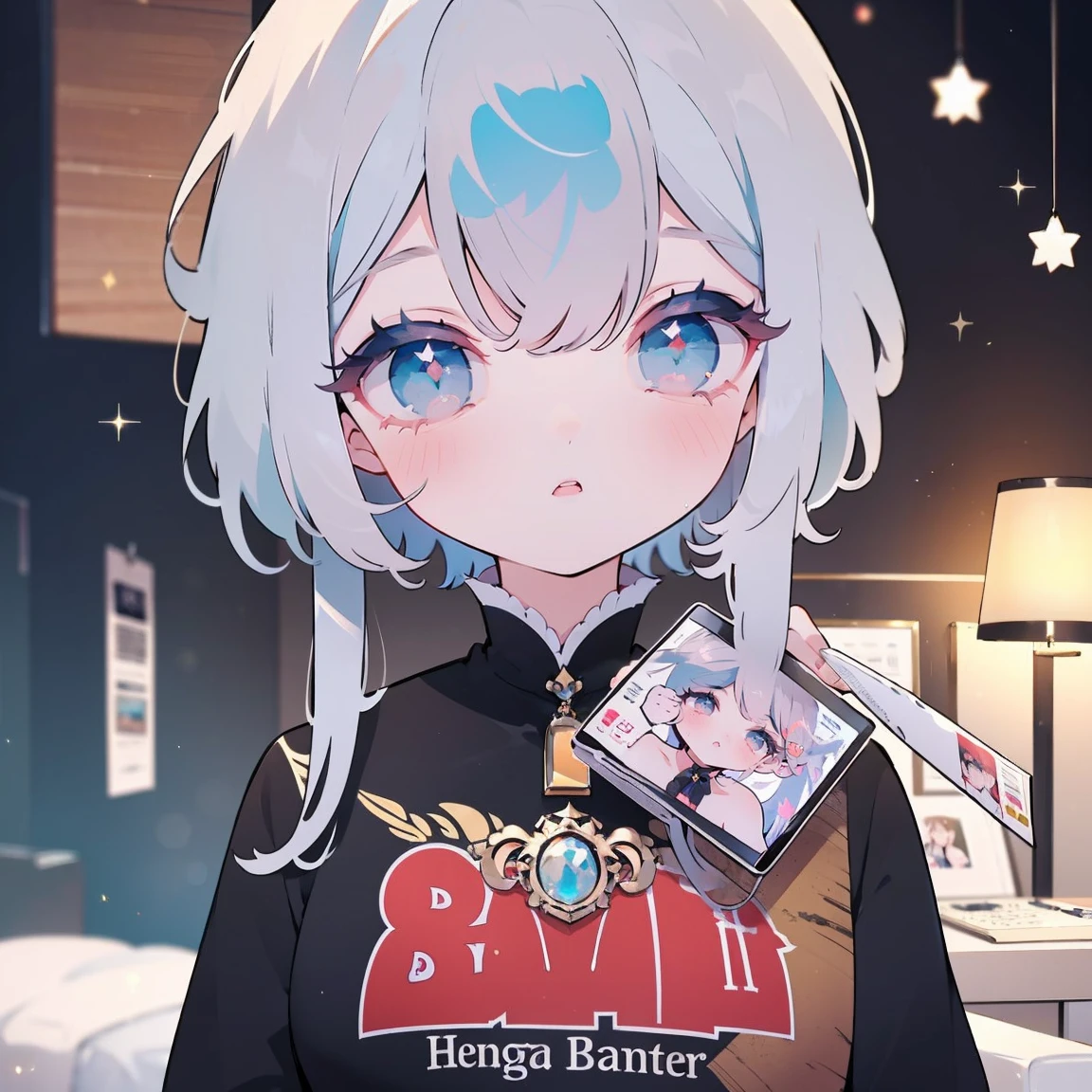 4K, Melhor qualidade, garota, cabelo branco, medium length hair, olhos vermelhos, Camisa SkyBlue com Emote de Amor, saia branca