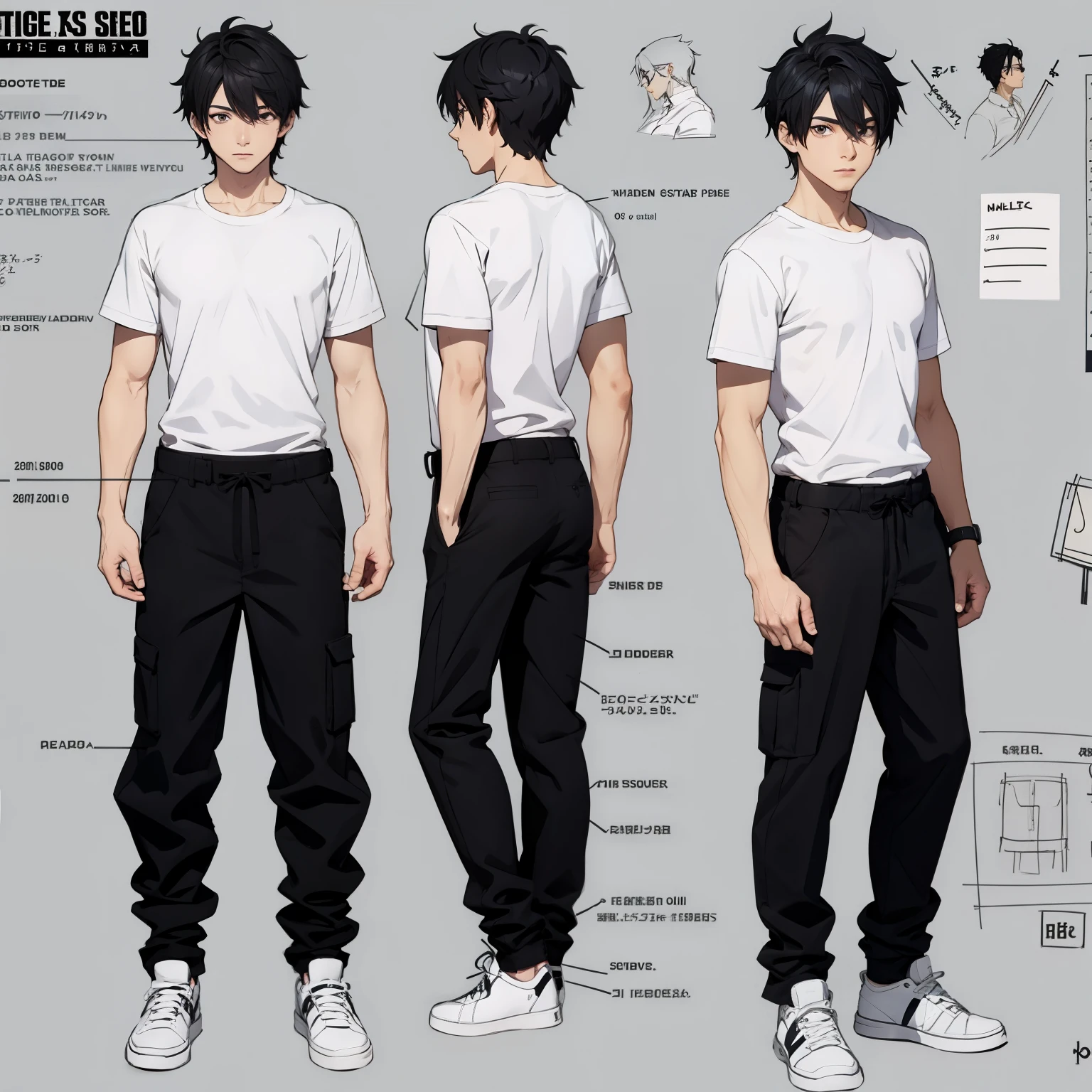 (character sheet:1.2),a 20 years old boy ,black hair, wearing a t-shirt and pant,line art ,,character sheet detailed, , anime studio Style, standard quality,3 different angles, highly detailed body parts.,simple background,(sketch art:1.2)