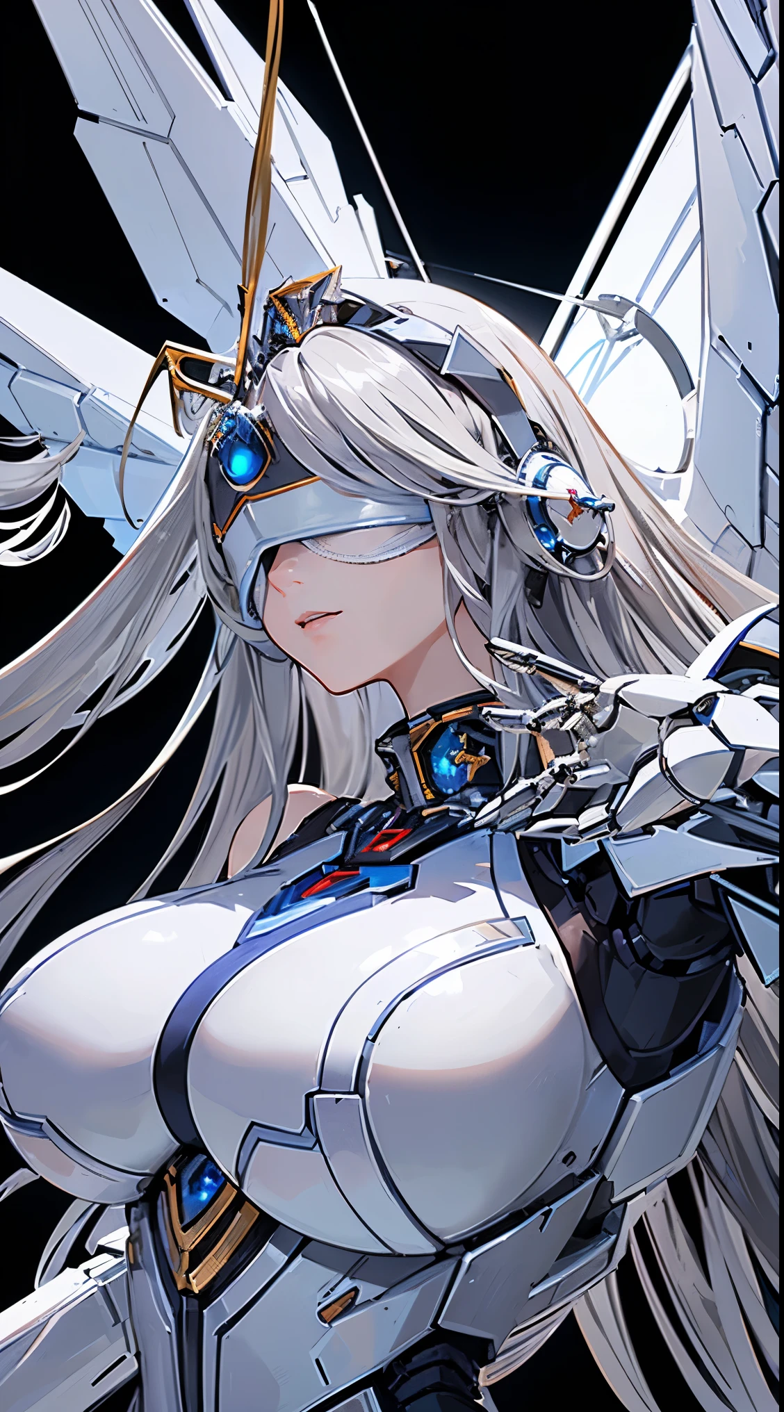 ((8K)), ((32k)), ((highest quality)), ((masterpiece)), ((超A high resolution)), ((T Masterpiece)), fine skin texture, fine cloth texture, fine metal texture、((beautiful and detailed face))、Raw photo、Professional, Ultra-fine painting, ((solo)), beautiful breasts、highest quality, Super detailed, Super detailed詳細, small details, very beautiful, Princess Knight Robot, (Joint of the machine, mechanical limbs:1.3), (The internal structure of the machine is exposed:1.3), (red long hair 1.1), (Beautiful and huge mechanical breasts)、white veil, cowboy_shot, side focus, headgear, shiny, ((silver mechanical blindfold:1.8))、 (five fingers, 4 fingers and 1 thumb),concept art, anime fantasy artwork, detailed fantasy art, (with pale blue-violet hair and large white wings,,), (((long hair))), (Mecha:1.6)Sleek and menacing design, ((Armament of the Supreme Commander-in-Chief)), (perfect robot body)、Pure white and blue-purple armor, symmetrical wings, 8K high quality detailed art, 3D rendering of character art in 8K, clear legs, defined, defined fingers, NSFW、((head shot:1.3))