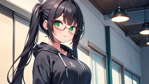 masterpiece,highest quality,wonderful,finely,High resolution,1 girl, big breasts,(hoodie:1.3), black hair, glasses, green eyes,twin tails,full body