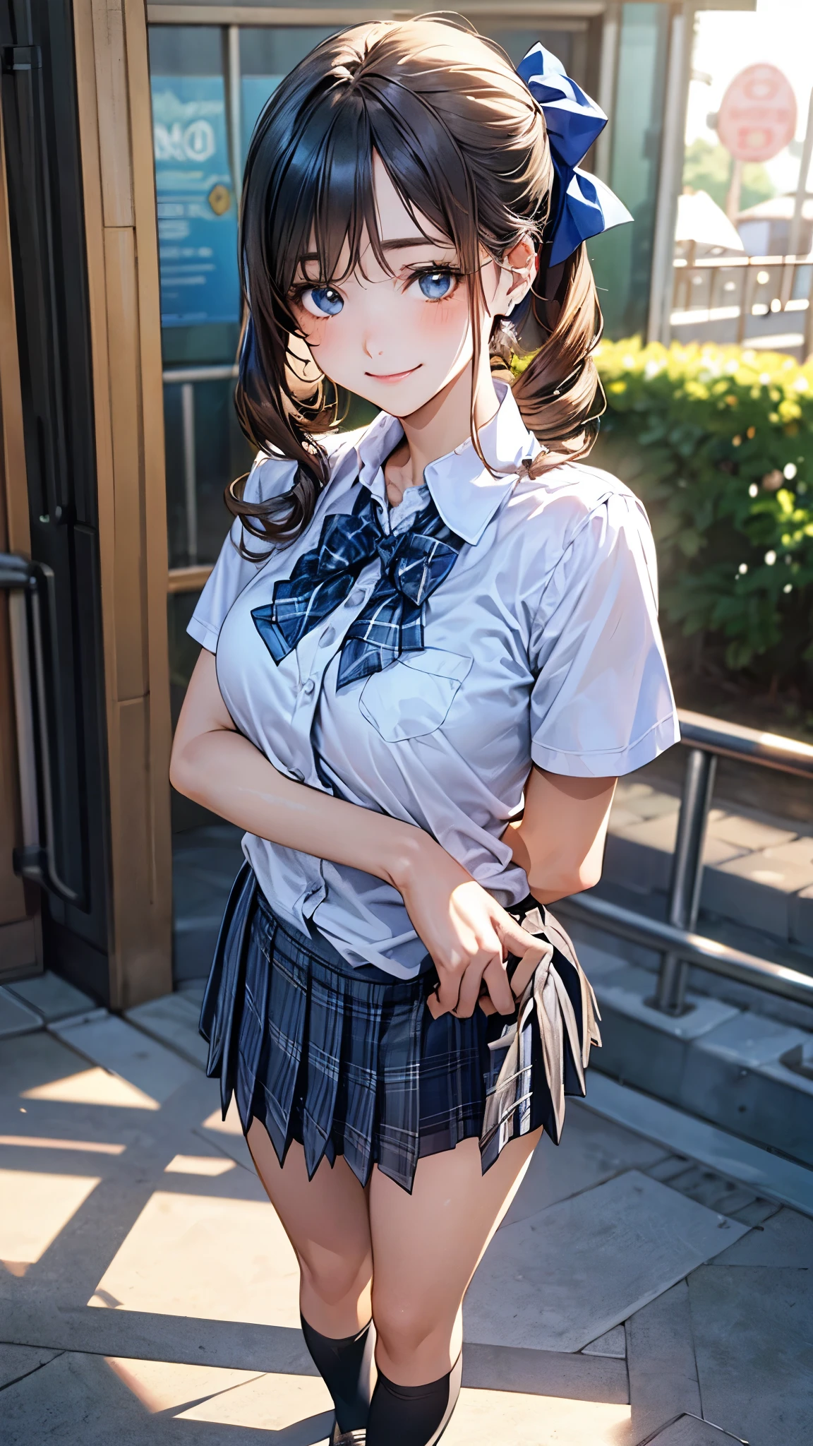 (masterpiece:1.2, top-quality), (realistic, photorealistic:1.4), beautiful illustration, (natural side lighting, movie lighting), 
looking at viewer, full body, front view:0.6, 1 girl, japanese, high school girl, perfect face, cute and symmetrical face, , shiny skin, 
(middle hair:1.2, twin drills:1.2, darkgoldenrod hair), crossed bangs, blue eyes, long eye lasher, (middle breasts), 
beautiful hair, beautiful face, beautiful detailed eyes, beautiful clavicle, beautiful body, beautiful chest, beautiful thigh, beautiful legs, beautiful fingers, 
((short sleeve white collared shirt, blue plaid pleated skirt, blue bow tie), wrist chouchou, black hair ribbon), 
(beautiful scenery), amusement park, (standing, open legs, skirt hold), (lovely smile, upper eyes), 
