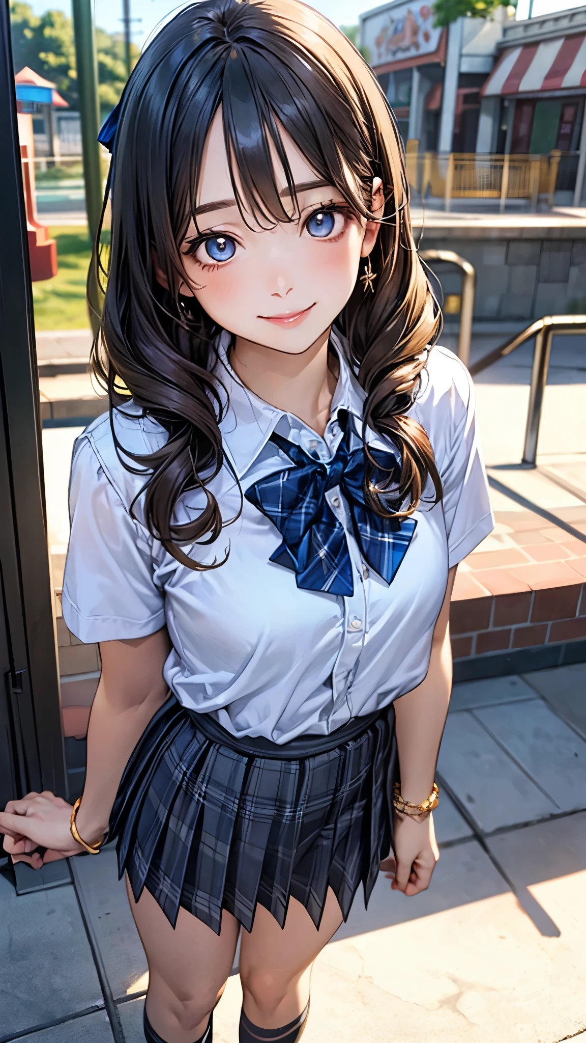 (masterpiece:1.2, top-quality), (realistic, photorealistic:1.4), beautiful illustration, (natural side lighting, movie lighting),
looking at viewer, full body, front view:0.6, 1 girl, japanese, high school girl, perfect face, cute and symmetrical face, , shiny skin,
(middle hair:1.2, twin drills:1.2, darkgoldenrod hair), crossed bangs, blue eyes, long eye lasher, (middle breasts),
beautiful hair, beautiful face, beautiful detailed eyes, beautiful clavicle, beautiful body, beautiful chest, beautiful thigh, beautiful legs, beautiful fingers,
((short sleeve white collared shirt, blue plaid pleated skirt, blue bow tie), wrist chouchou, black hair ribbon),
(beautiful scenery), amusement park, (standing, open legs, skirt hold), (lovely smile, upper eyes),