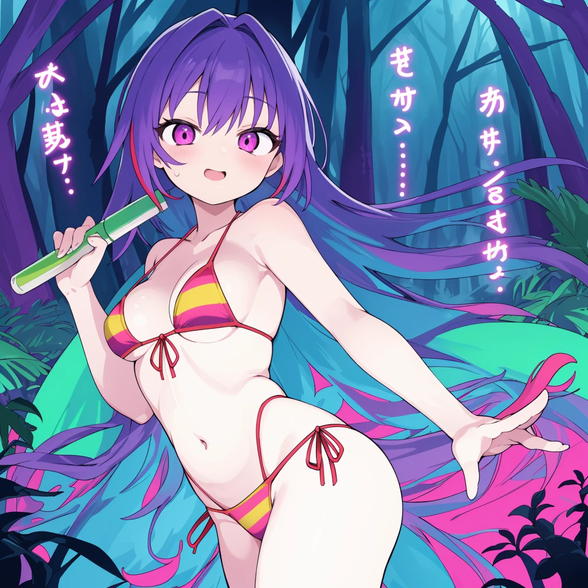 (best quality, vivid colors),deslumbrante.
## Generated prompt 1 girl, forest, striking, Chonmago, no sclera, high-cut bikini, high-contrast hair, (best quality, vivid colors), dazzling.