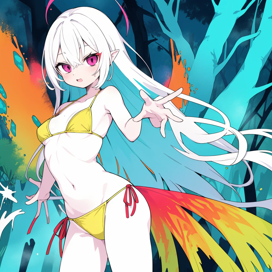 (best quality, vivid colors),deslumbrante.
## Generated prompt 1 girl, forest, striking, Chonmago, no sclera, high-cut bikini, high-contrast hair, (best quality, vivid colors), dazzling.