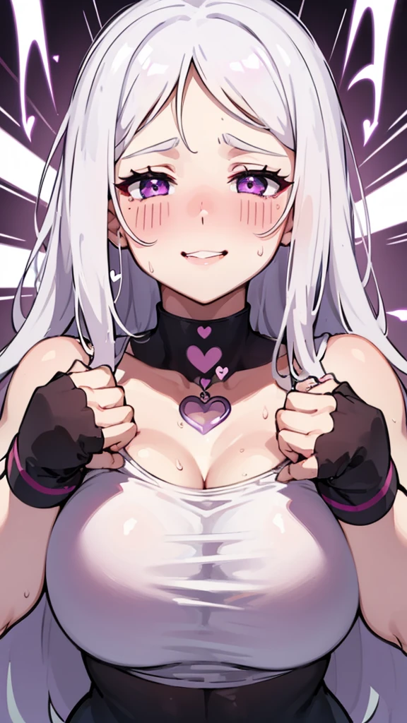 1girl,heart-shaped pupils,fingernails,hands on own face,white hair,purple eyes,(blush:1.1),choker,upper body,trembling,sweat,sweatdrop,heart,(speed lines:1.1),medium breasts, ((heavy breathing:1.3)), love, heart, crop top, happy, smile, squirt