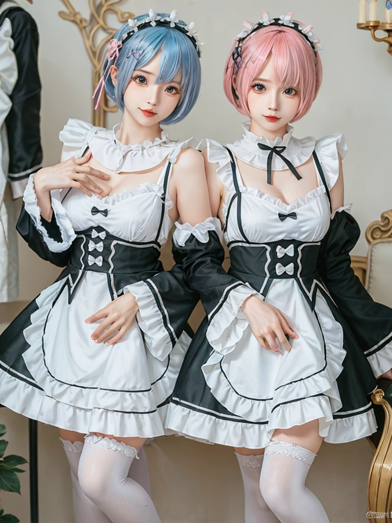 (8K, Photorealistic, Raw photo, of the highest quality: 1.3), (1girl in), Super beautiful, (Realistic face), (boyish, pink Color Berry Shorthair), Beautiful , Glare that captivates the viewer, Beautiful expression, Beautiful breasts, (Realistic skin), Be...Create a detailed and colorful image of Ram and Rem from Re:Zero, standing back-to-back in their maid outfits, with a magical fantasy background、14years old, two girls,cute, perfect face, beautiful, nice body, gothic ta clothes, gothic loliashion, frilly skirt, headdress, necklace, bracelet, knee-high socks, boots, double eyelids, tear bags, Detailed down to the fingers, photo-like description, indoors, dim indoor lighting, one girl is pink hair and short bob, another girl is light blue hair and short bob,standing, sexy posing,whole body, composition that shows the whole body, smiling,The Both of them are wearing the same type of maid outfit