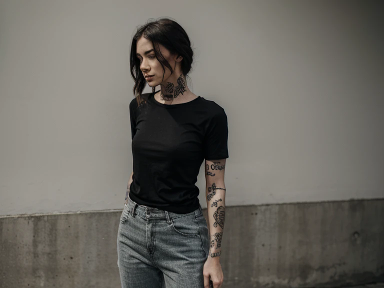 tattooed woman wearing a simple plain black t-shirt with no pattern and full body