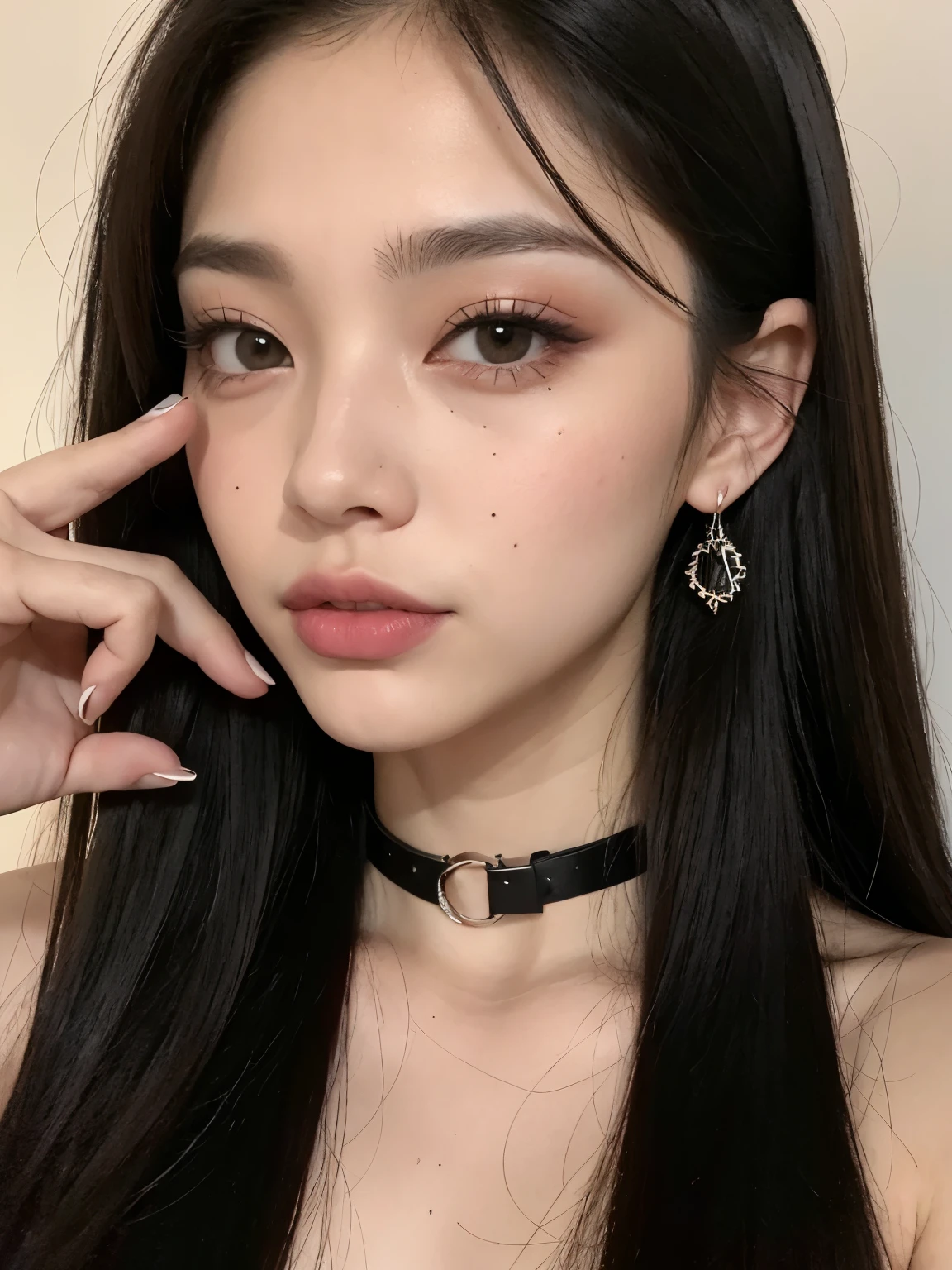 Kim Jennie con el cabello negro oscuro, con rulos en las puntas del cabello negro oscuro, con un ganchito de estrella en el cabello negro oscuro, ojos de color claro, ojos bonitos, ojos llorosos, nariz bonita y respingada, labios bonitos, labios rosas, heart and cupid shaped lip, piel bonita, pale, piel blanca, con lunares y pecas en todo el rostro, rubor rosa suave en las mejilla, rubor rosa natural, dark and gothic makeup, Jennie gotica, mientras ella esta con un chico lindo a su lado, with a cute asian boy standing next to her, mientras hay un torso de hombre, mientras el hombre&#39;His hand is on his jaw.., manos bonitas de hombre, with a gothic boy, cuellos bonito, cuello marcado, frown, mirada enojada, con un collar de beso, un collar bonito de beso, mientras sus pezones son notorios (pechos grandes, pechos suaves, pechos bonitos, pechos naturales), con un vestido blanco, vestido corto y transparente, visible on the nipple, con un chico a su lado, con su novio, mirando a la camara, autofoto