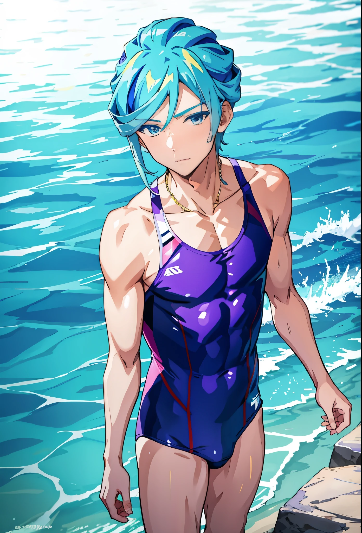 anime boy in a lightblue and purple swimsuit on the beach waving、Boy with long green hair、blue eyed boy、Braid、is wearing a swimsuit、ワンピースswimsuit、clothing:ハイカットswimsuit、swimsuit、A boy wearing a light blue and purple tank suit、ワンピースswimsuit着用、wet swimsuit、Light blue and purple high-leg racing swimwear、競泳swimsuit、Light blue and purple high leg racing swimsuit、(anime boy)、on the beach、cute man wearing tank suit、水泳競技用swimsuit、beautiful anime boy、cool man wearing competition swimsuit、 cool anime boy、adult sex appeal、in the sea、beautiful anime boy、anime moe art style、Smooth anime CG art、Also、best anime boy、naughty anime style、A man is standing、!!full body portrait!!、beautiful charming anime teen、