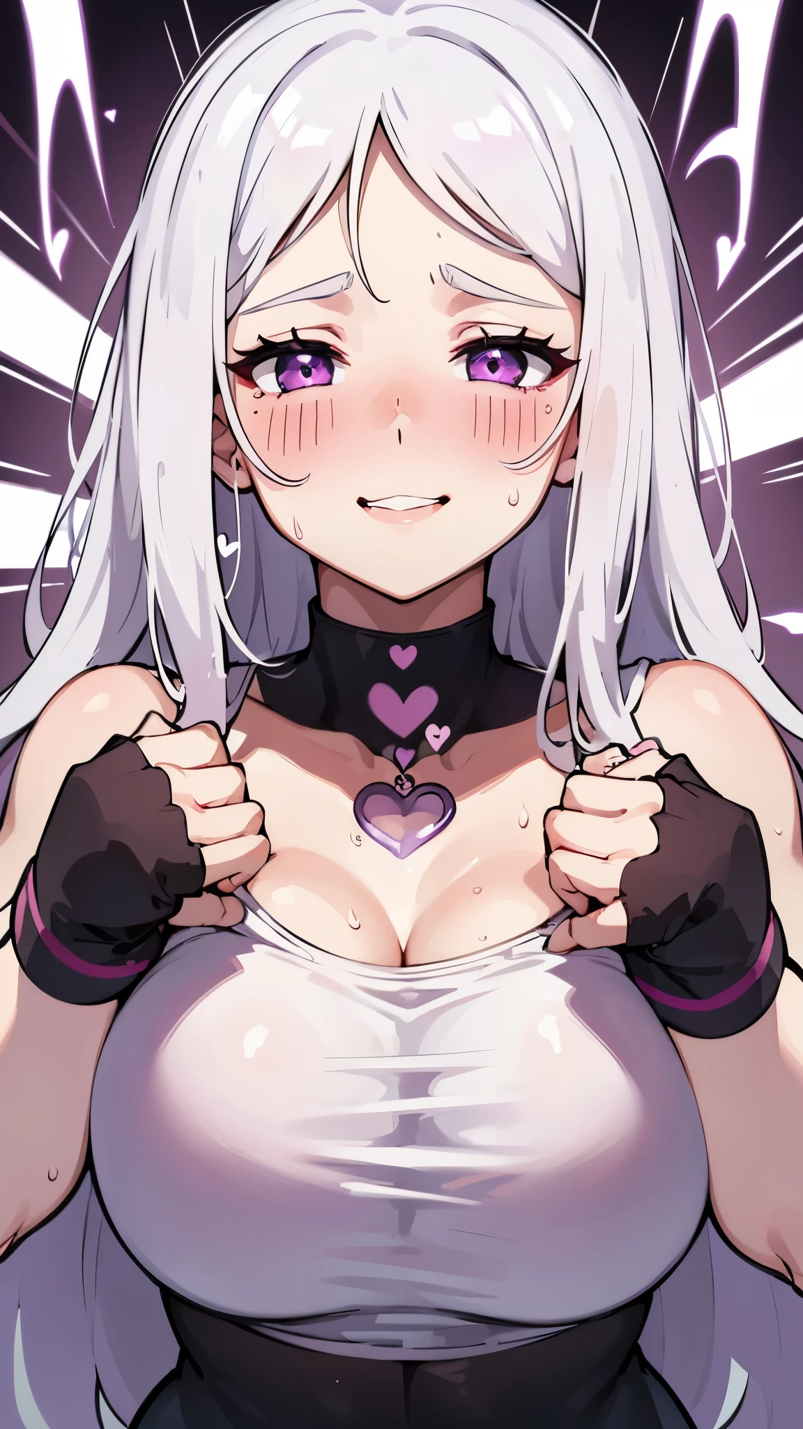 1girl,heart-shaped pupils,fingernails,hands on own face,white hair,purple eyes,(blush:1.1),choker,upper body,trembling,sweat,sweatdrop,heart,(speed lines:1.1),medium breasts, ((heavy breathing:1.3)), love, heart, crop top, happy, smile, squirt, flashing tits, nude, anime