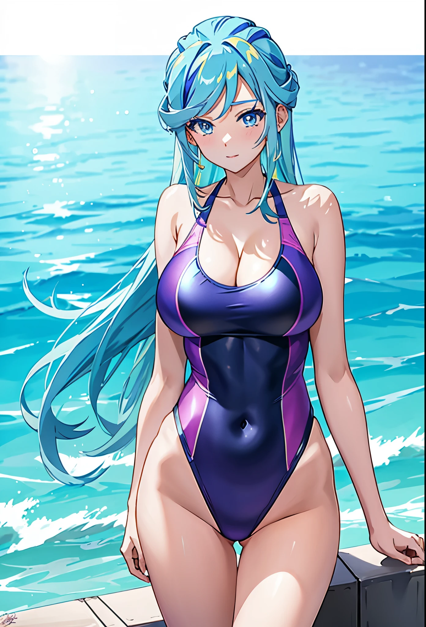 anime woman in a lightblue and purple swimsuit on the beach waving、long green hair woman、blue eyed woman、Braid、is wearing a swimsuit、ワンピースswimsuit、clothing:ハイカットswimsuit、swimsuit、A woman wearing a light blue and purple tank suit、ワンピースswimsuit着用、wet swimsuit、Light blue and purple high-leg racing swimwear、競泳swimsuit、Light blue and purple high leg racing swimsuit、(anime woman)、on the beach、cute woman wearing tank suit、水泳競技用swimsuit、beautiful anime woman、cool woman wearing competition swimsuit、 cool anime woman、big breasts、woman with very large breasts、tall woman、cleavage、adult sex appeal、in the sea、beautiful anime woman、anime moe art style、Smooth anime CG art、Also、anime best women、naughty anime style、a woman is standing、!!full body portrait!!、beautiful charming anime teen、