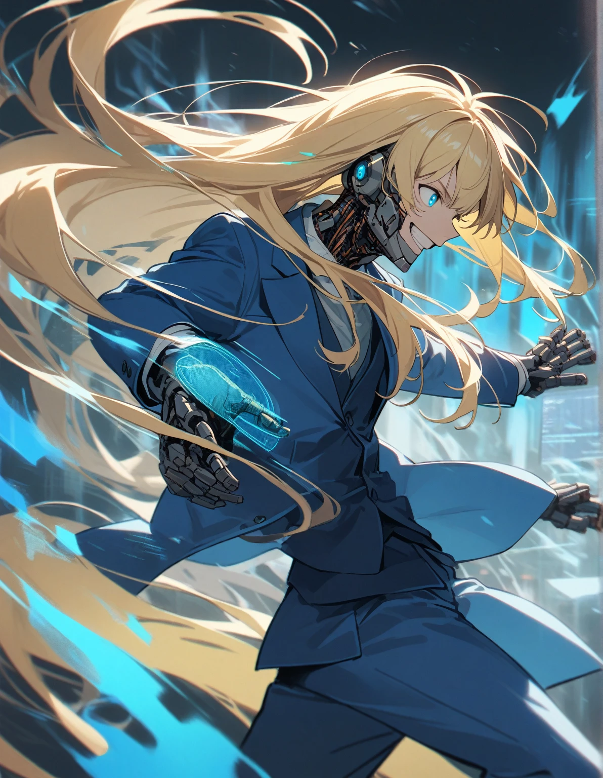 1 guy, blond hair with a blue gradient on his hair, long hair with bangs, cyborg, hologram, blue suit, fighting, smile, cheerful, blue aura, gentle tones