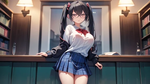 1girl, glaring at viewer, intenseglare, disgust shaded_face, glowing_eyes, eye_glint, glare, unhappy ((skirt lift by myself)), panties, standing, POV, From below, braid, bang, glasses, slender, blushed, angry, despised, reluctant, black hair, thin, flat breasted