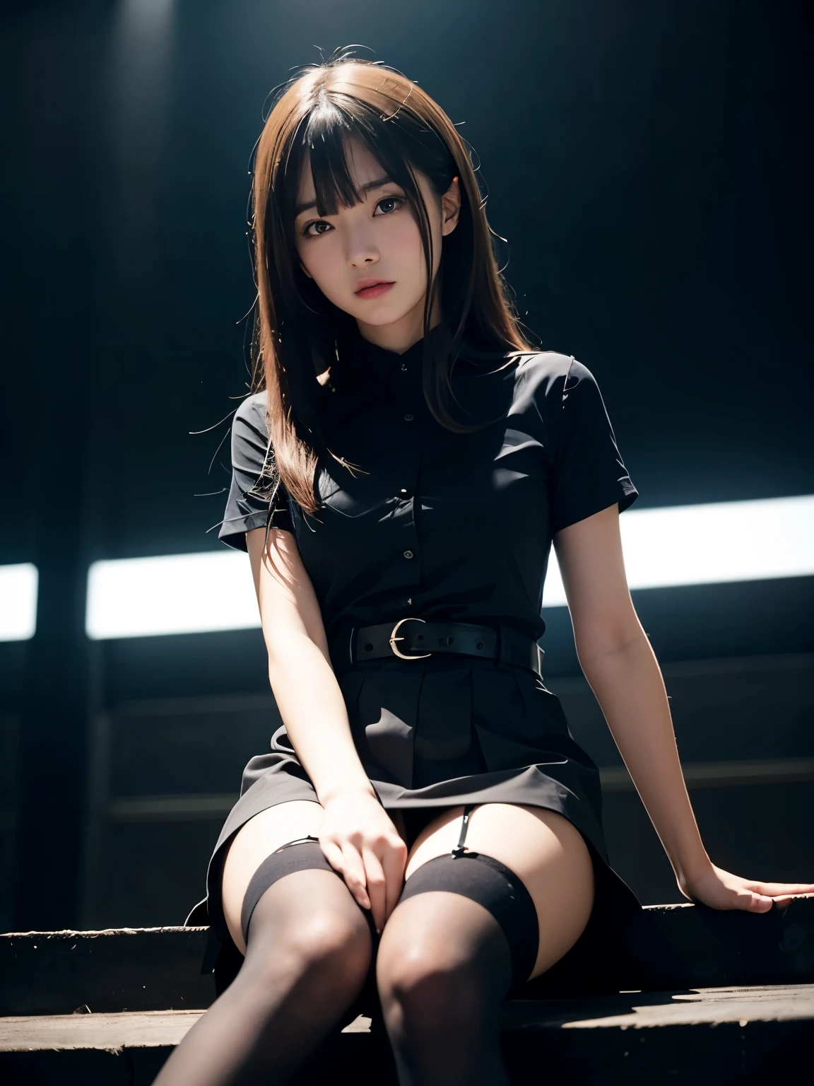 highest quality、masterpiece、real、 dark lighting、 Japan person with beautiful face、symmetrical face、beautiful idol、18 year old girl、closed mouth、angry、cold face、black garter stockings、she is sitting、((Photographed from below the front))、bob hair、Solid black clothes、black shirt、black mini skirt、looking down on the audience、cold look、dark background、night