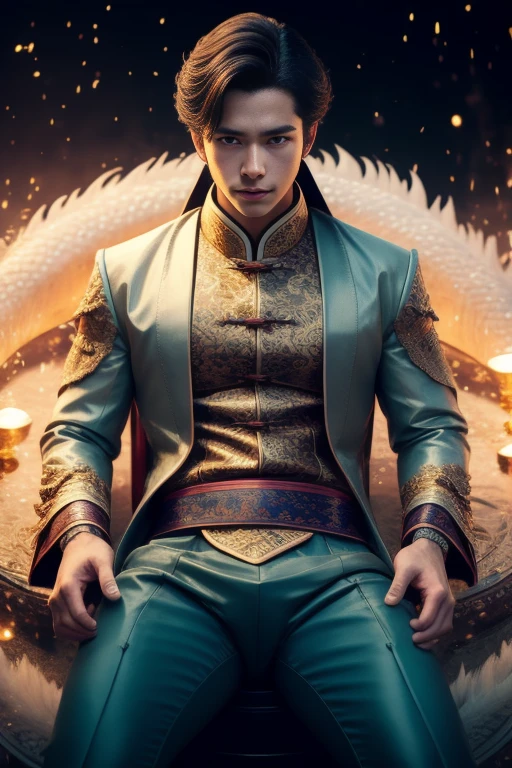 Handsome young man, 25 years old, Asia, Master's work, Best picture quality, higher quality, Highly detailed, Ultra high resolution, 8k resolution, delicate facial features, boy, Big muscles, tattoo, glowing eyes, short hair, hair details, [[Turn away, look to the side, Focus on homosexuality and pay attention to every detail. , Open Hanfu Sheer Gauze Jacket, White rubber pants, nighttime, starry sky, flying flowers. waterfall, mountain, dragon circle, Chinese patio background (((((Convex crotch)))))