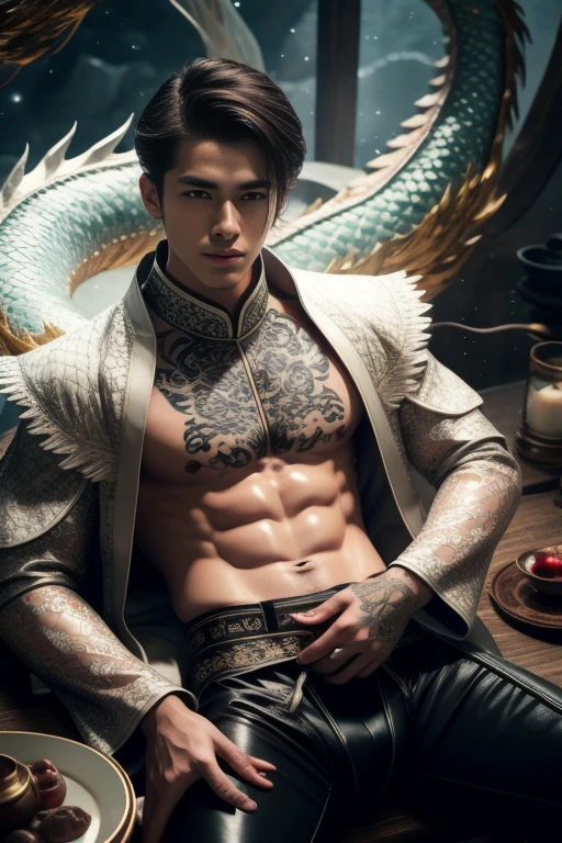Handsome young man, 25 years old, Asia, Master's work, Best picture quality, higher quality, Highly detailed, Ultra high resolution, 8k resolution, delicate facial features, boy, Big muscles, tattoo, glowing eyes, short hair, hair details, [[Turn away, look to the side, Focus on homosexuality and pay attention to every detail. , Open Hanfu Sheer Gauze Jacket, White rubber pants, nighttime, starry sky, flying flowers. waterfall, mountain, dragon circle, Chinese patio background (((((Convex crotch)))))