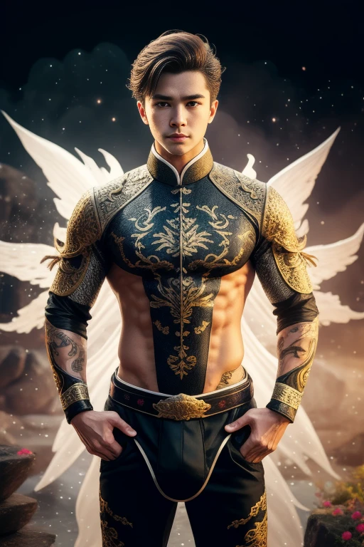 (8K, RAW photos, Highest quality) masterpiece, 1 male, 18 years old, bee man, black hair, good body, has skin like a bee, black and yellow mottled skin.    Body covered in honey.  has bee antennae on the head, has bee wings.  ,Asian muscular man, sweet smile, outlines his big, muscular breasts, sexy six pack.  Show the whole body, naked ((genitals covered with a yellow scarf) (. sitting  pose, in a pile of honeycomb.