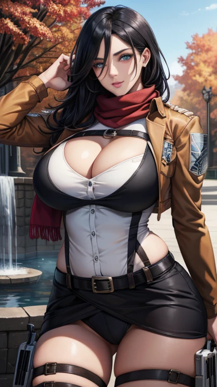 (masterpiece, best quality, glowing light, glistening, shiny skin, ultra detailed, detailed background, complex background),(perfect face, detailed face, detailed eyes, perfect hands, perfect fingers), (large boobs:1.2,smile),(mature female:1.4),cowboy shot, thicc, big breast, cleavage, black hair, MILF,
mikasa_ackerman, ((gradient hair)),multicolored eyes, gradient eyes, (glowing eyes:1.5), mascara, (fashion make up), parted lips, scarf, jacket, thigh strap, bikini and bra, belt, emblem, three-dimensional maneuver gear, red scarf, boots, dual wielding, training corps (emblem)
((park, fountain, leaves in the air, wall, autumn, trees)),((super detailed background)), dynamic poses, ((8k wallpaper)),