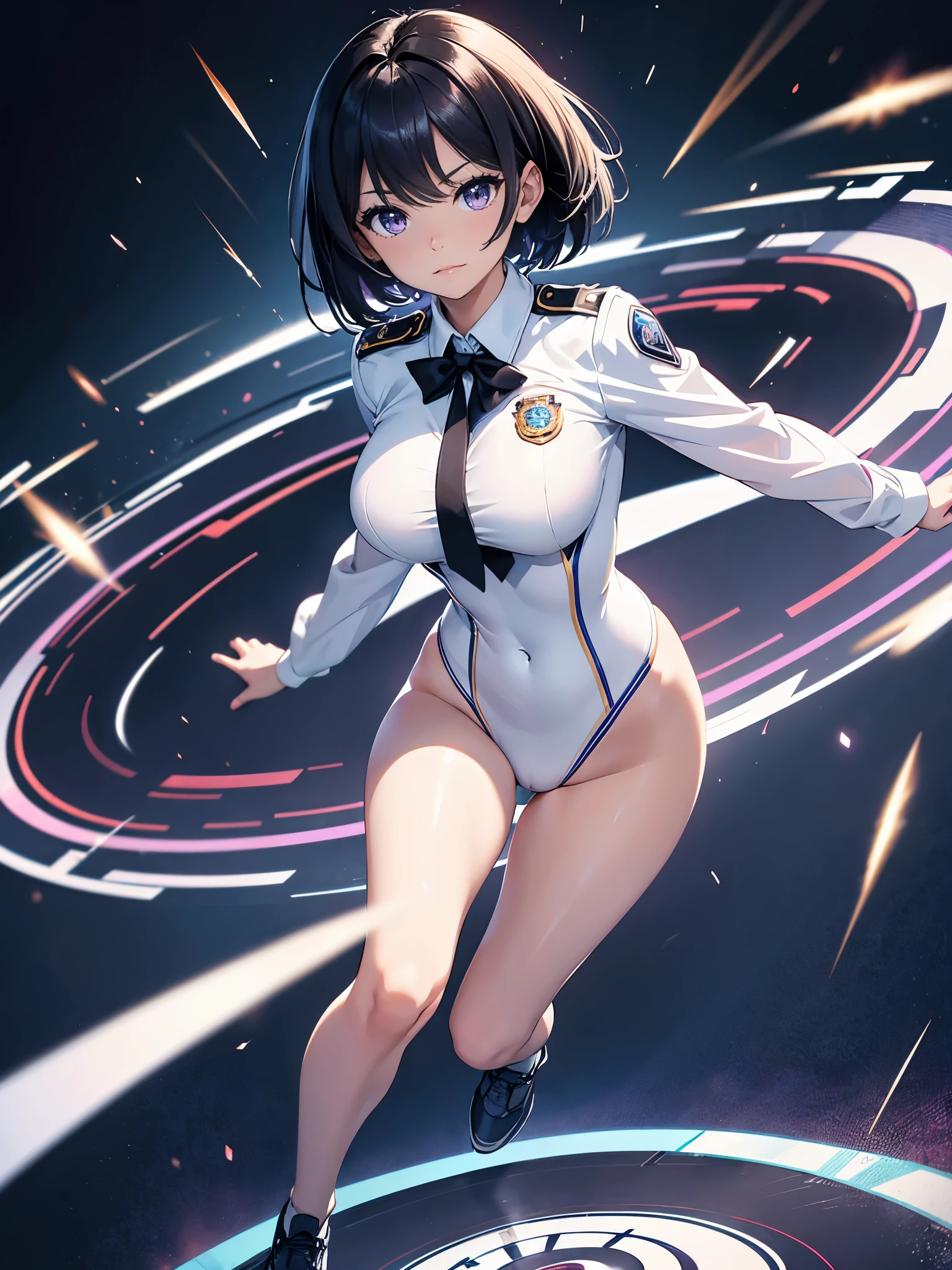 masterpiece, best quality, hyper detailed, ultra detailed, 1girl, solo, short hair, jet black hair, purple eyes, (full body), standing, bangs, japanese police uniform, tokyo city backdrop, (white shirt), (black tie), matching shoes, medium breasts, 20 age, badge, twirl pose, spinning, spins fast in place like a tornado, twirling in place, tornado spinning, rapid gyration, motion blur, speed lines, tornado, spinning energy pulse, front view, light particles, blue and white leotard, bare legs