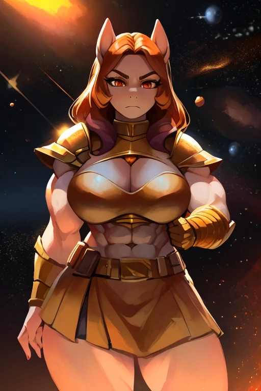 "((muscular)), ((thicc and curvy)), ((solo girl)) ((better quality)), full body, anthrophomorphic female pony, light orange skin, orange eyes pulpils, serious expression, short orange hair, goddess dark shirt, bronze geek belt, golden braces, golden breastplate armor, dark orange skirt, hold the sun in one hand, (((space background)))