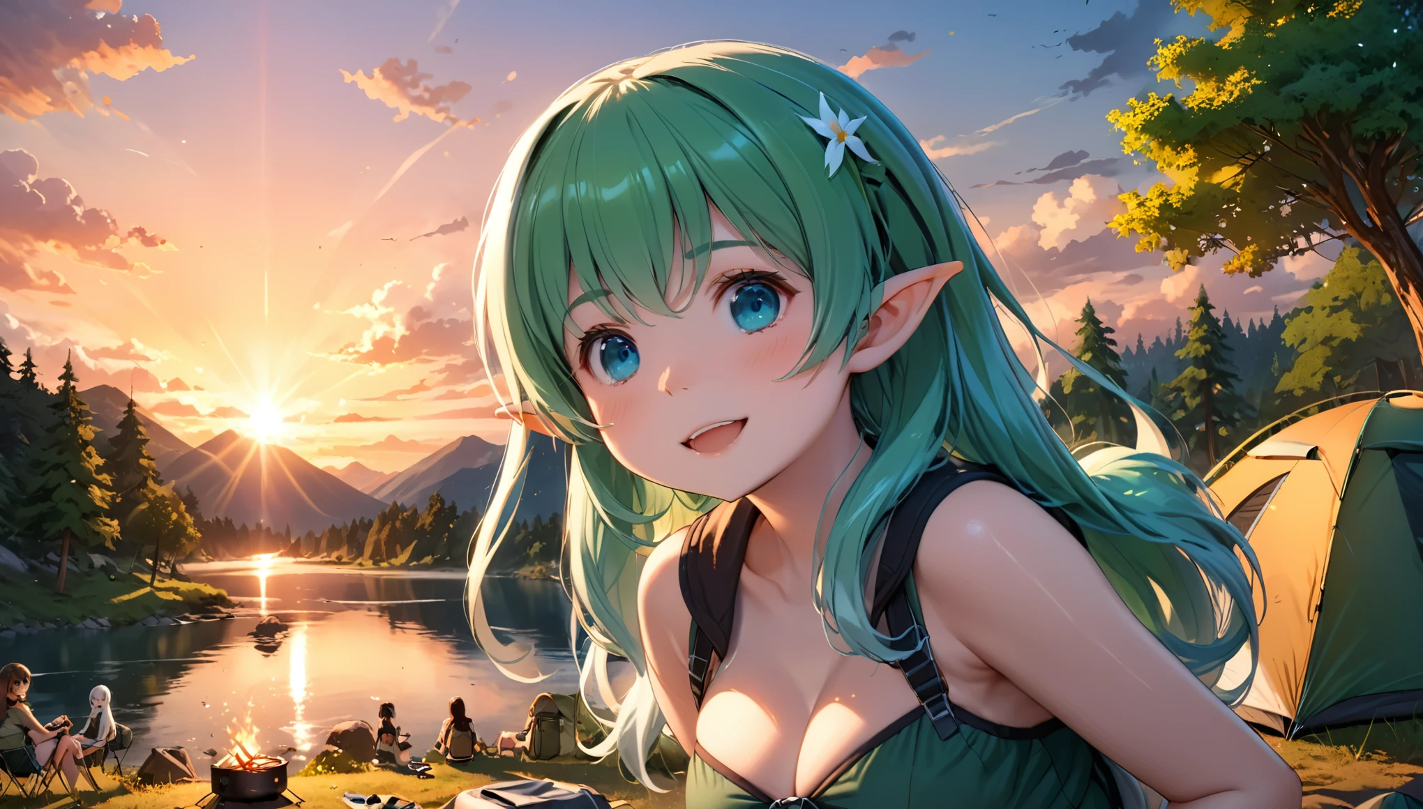 ((Masterpiece, highest quality)) , movie still, cloud girl, floating in the sky, close-up, bright, happy, warm soft lighting, sunset, (sparks:0.7)
,A beautiful elven girl, light blue hair,Hair style is twin tails, blue eyes,white skin, smile, fat body type,breast, camping in nature, And multiple elven girls, light green hair, Wearing hunter-elf costume, looking at viewer, blush, smile, open mouth, bangs, hair between eyes, relaxing, outdoors, day, water, tree, tent, camping in nature