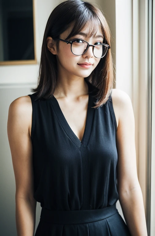 8K、highest quality、masterpiece、超A high resolution、Looks like a photo、Single-lens reflex camera、beautiful japanese woman、grace、There are good ones、gentle features、beauty of the wind、glasses、おしゃれなglasses、glasseseoist beauty、shortcut、Keep your bangs properly trimmed、look down，from below，、eyes are far away、A transparent atmosphere、beautiful face、Raised corners of the mouth、drooling eyes、Tanuki face、watch、necklace、bracelet、gradient lighting、Let long bangs fall to the side、both girls and men、delicate skin、look far away、brown eyes、up to the chest、The shape of the chest is clear,,,,,,,,,,,,,,,,,,,,,、very very huge 、big chest、RAW photo、(Pueros face_V1:0.5)、ホワイトオールオーバープリントTiebackホルタートップ、halter neck、Tieback、No sleeve、sleeveless、No sleeve camisole、sleeveless、halter neck、perfect fit、white clothes、、round neck、sexy clothes、Translucency、Please look away、theme、lean、Look at this、big butt、big ass、bbw、morning sunshine、coming home in the morning、stationのプラットホーム、The morning sun is dazzling、station、waiting for the train、station、smile、please be shy、