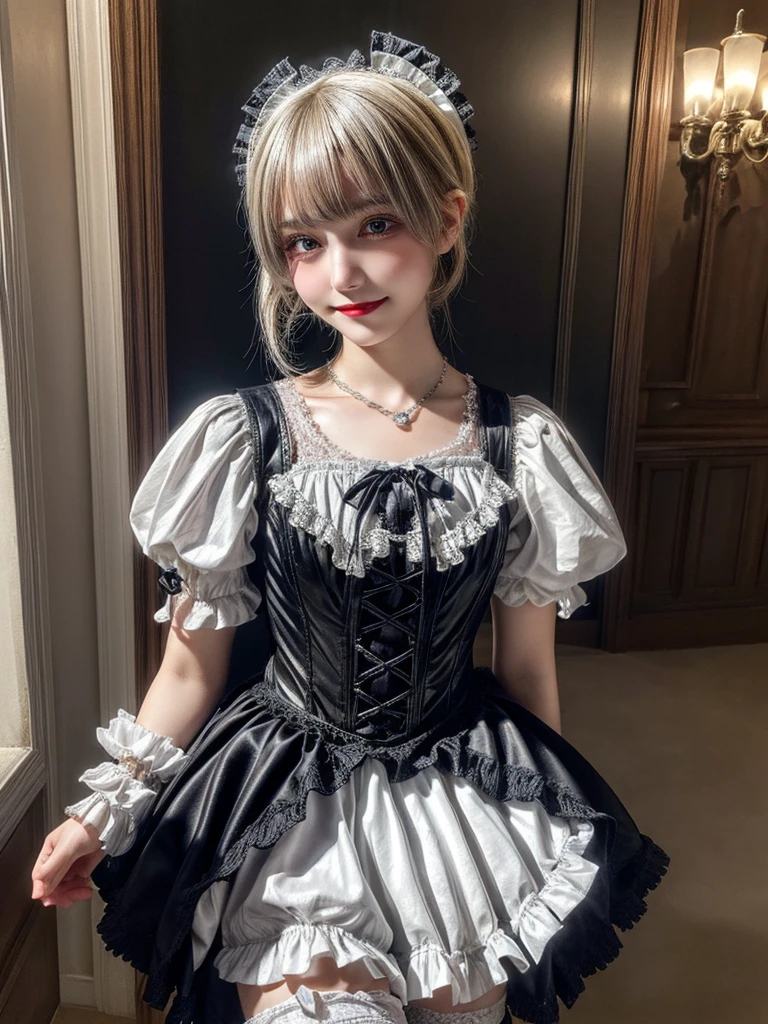 (8K, Photorealistic, Raw photo, of the highest quality: 1.3), (1girl in), Super beautiful, (Realistic face), (boyish, Silver Color Berry Shorthair), Beautiful , Glare that captivates the viewer, Beautiful expression, Beautiful breasts, (Realistic skin), Be...Super high quality, super high definition, super detailed, masterpiece, 20years old, female, cute, perfect face, beautiful, nice body, gothic lolita clothes, gothic lolita fashion, frilly skirt, headdress, necklace, bracelet, knee-high socks, boots, double eyelids, tear bags, Detailed down to the fingers, photo-like description, indoors, dim indoor lighting, blonde hair, pony tail, standing, whole body, composition that shows the whole body, smiling