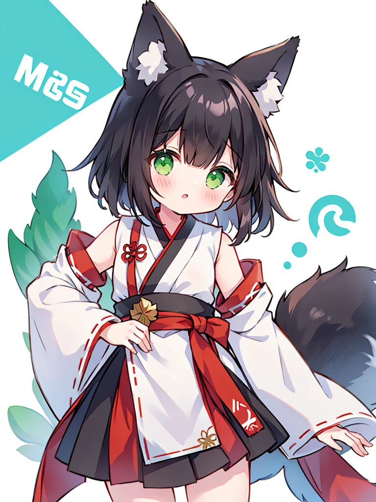 girl、black hair、short、Cropped bangs、fox ears、fox tail、Miko costume、green eyes
