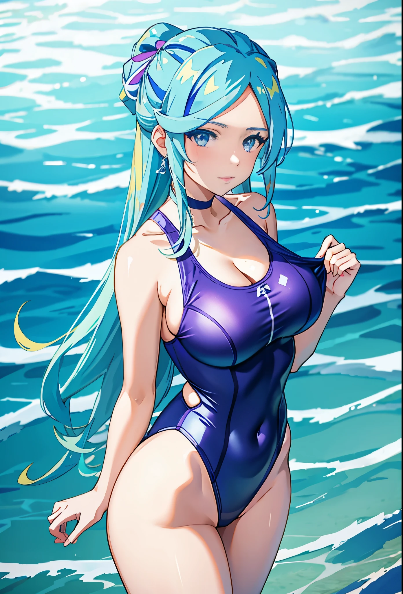 anime woman in a lightblue and purple swimsuit on the beach waving、long green hair woman、blue eyed woman、Braid、is wearing a swimsuit、ワンピースswimsuit、clothing:ハイカットswimsuit、swimsuit、A woman wearing a light blue and purple tank suit、ワンピースswimsuit着用、wet swimsuit、Light blue and purple high-leg racing swimwear、競泳swimsuit、Light blue and purple high leg racing swimsuit、(anime woman)、on the beach、cute woman wearing tank suit、水泳競技用swimsuit、beautiful anime woman、cool woman wearing competition swimsuit、 cool anime woman、big breasts、woman with very large breasts、tall woman、cleavage、adult sex appeal、in the sea、beautiful anime woman、anime moe art style、Smooth anime CG art、Also、anime best women、naughty anime style、a woman is standing、!!full body portrait!!、beautiful charming anime 、