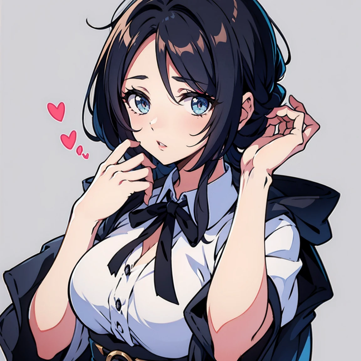 4K, Melhor qualidade, garota, cabelo branco, medium length hair, olhos vermelhos, Camisa SkyBlue com Emote de Amor, saia branca