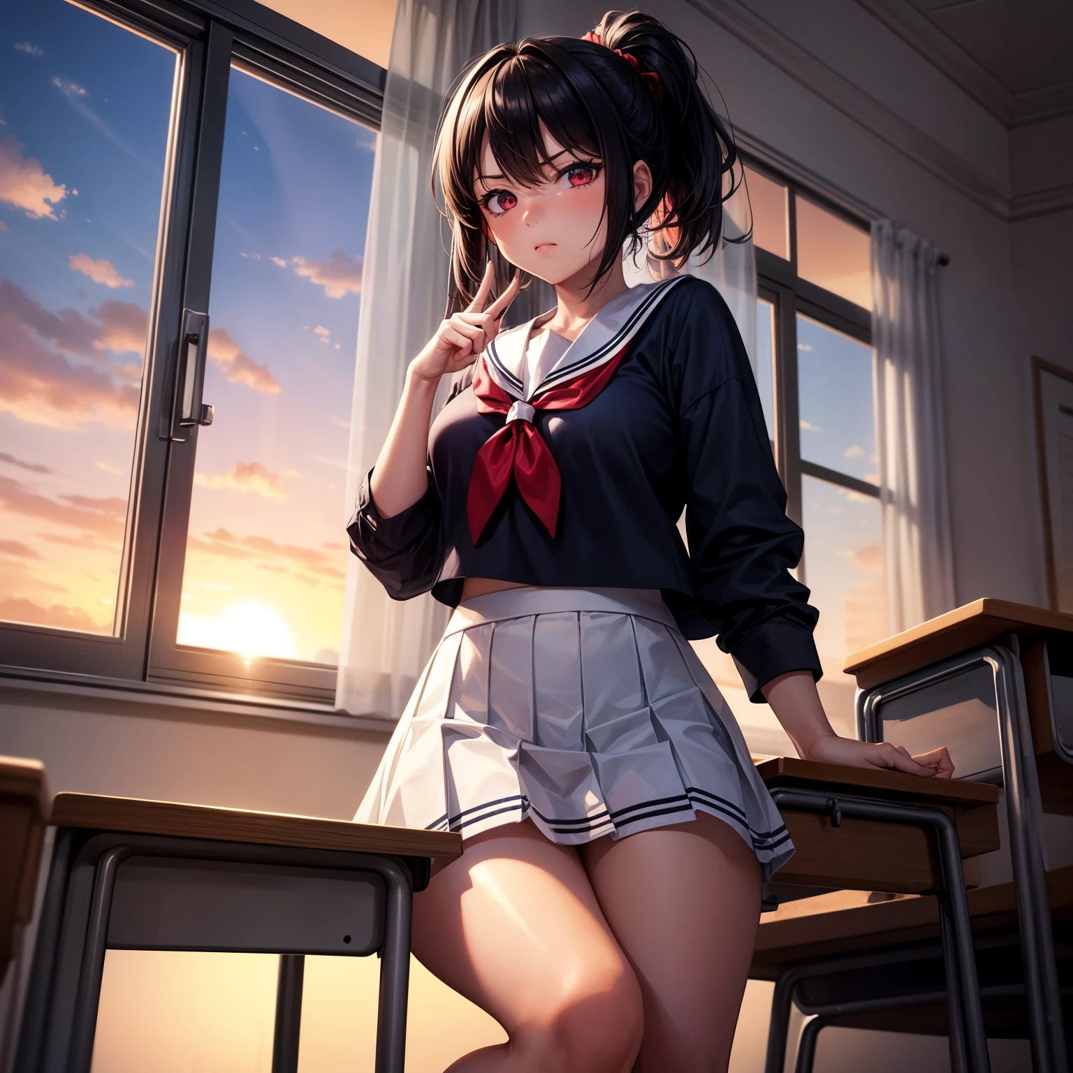 masterpiece, best quality, sunset, cowboy shot, view from below, 1girl, black hair, short hair, high ponytail, medium breasts, sitting on the desk, crossed legs, white sailor fuku, blue plate skirt, black socks,
middle finger,
IncrsGift, incoming gift,
((looking disgusted)), looking at viewer, ruby red eyes,
in the classroom,