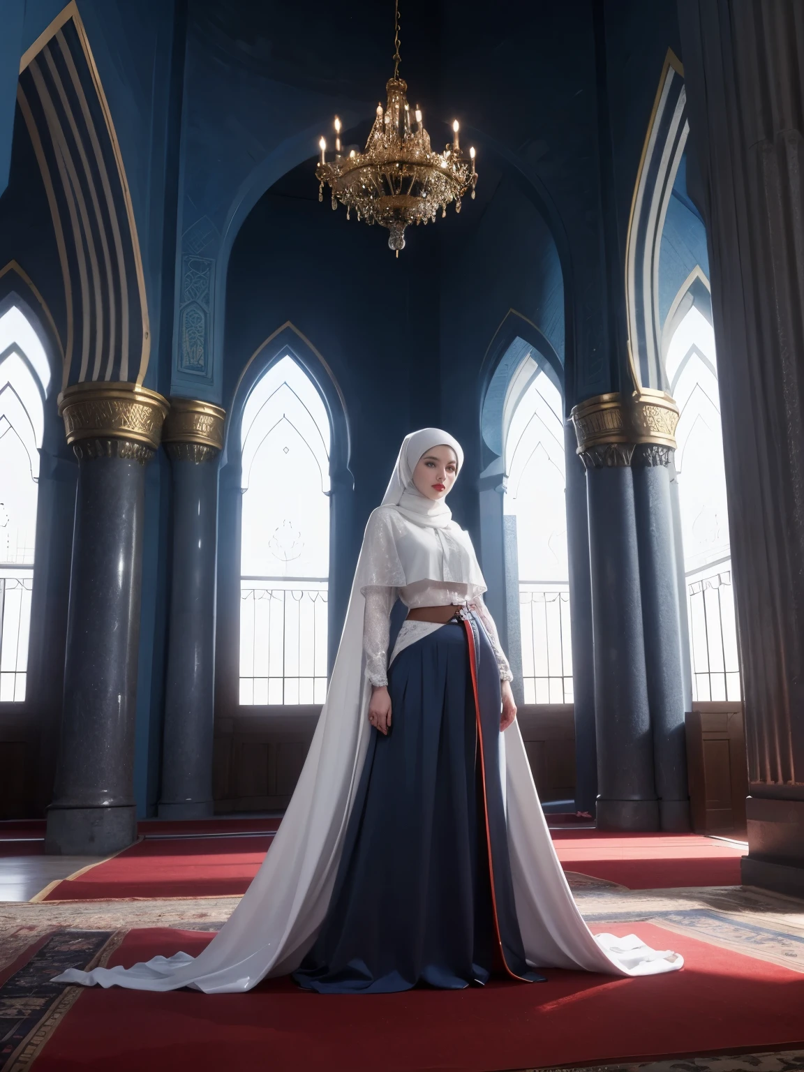 long hijab, pretty, red lips, inside mosque, perfect face, blue eyes, perfect body, inside mosque, skirt