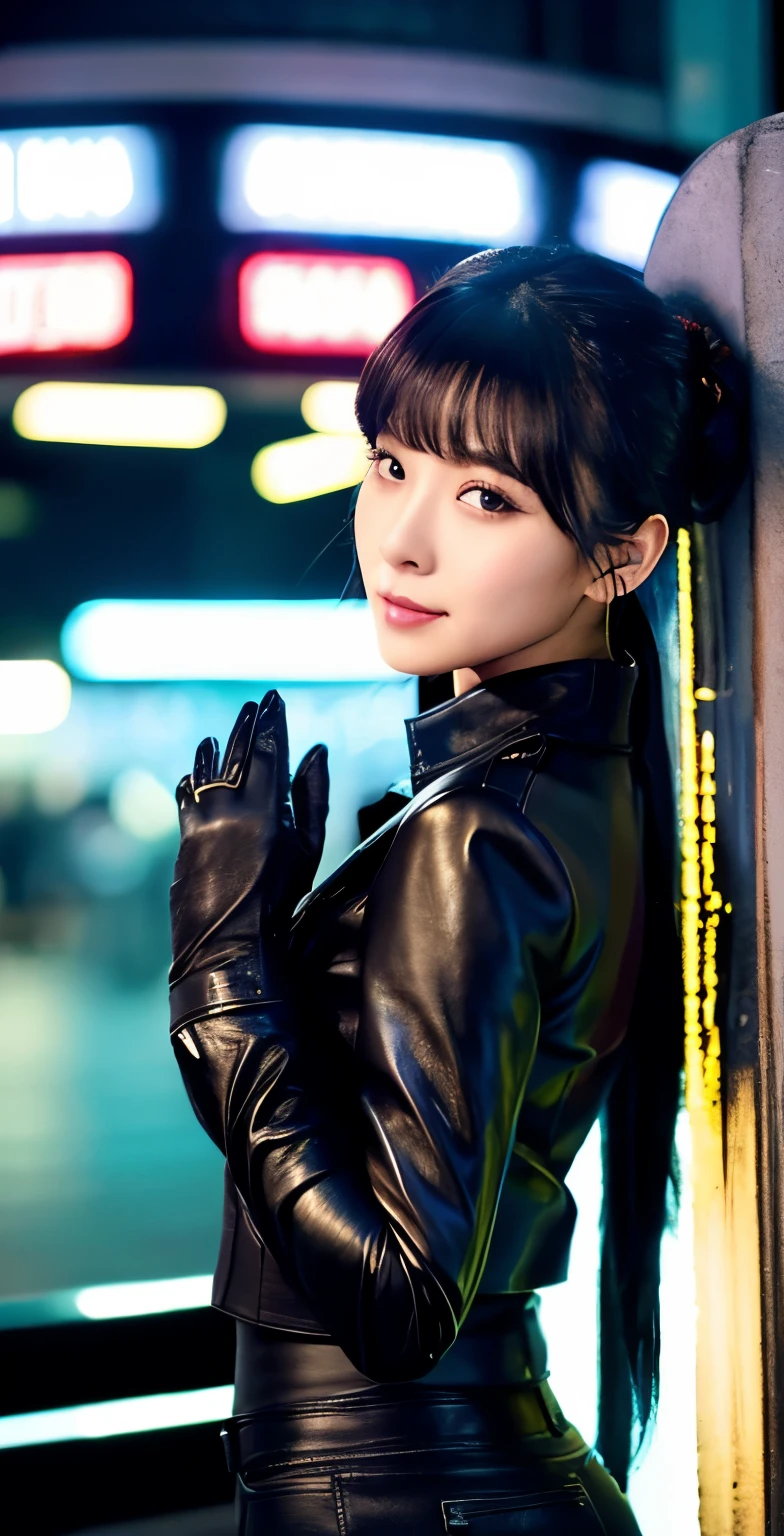 black leather rider jacket, office in the dark, Fingertips of black leather gloves on both hands,wearing black leather gloves,sitting in a black leather chair、 Japanese female new employee (black leather gloves cover both hands) (The angle is horizontal)、black leather leather pants,black leather black leather pants,black leather skinny pants、Long black leather boots on both feet、black hair ponytail ((He wears black leather gloves on his hands))full body photo,full body shot full body full body leather suit,☺If you turn in this direction。wearing black leather gloves,wearing black leather gloves,wearing black leather gloves,wearing black leather gloves,wearing black leather gloves,wearing black leather gloves,黒のレザーパンツが美しい😍黒のレザーパンツが美しい😍黒のレザーパンツが美しい,😍I&#39;m smiling while looking at you,city lights、((neon cyberpunk city street:1.3))、(neon light)、detailed lighting、

best image quality、ultra high resolution、(realism:1.4)、korean beauty star、The most beautiful KPOP stars、face、horny korean makeup、A body that makes you want to touch it、realistic leather texture、Costume made of smooth leather fabric、The drape of the curved parts of the leather fabric、The costume has a strong shine、costume quality、8K photo quality