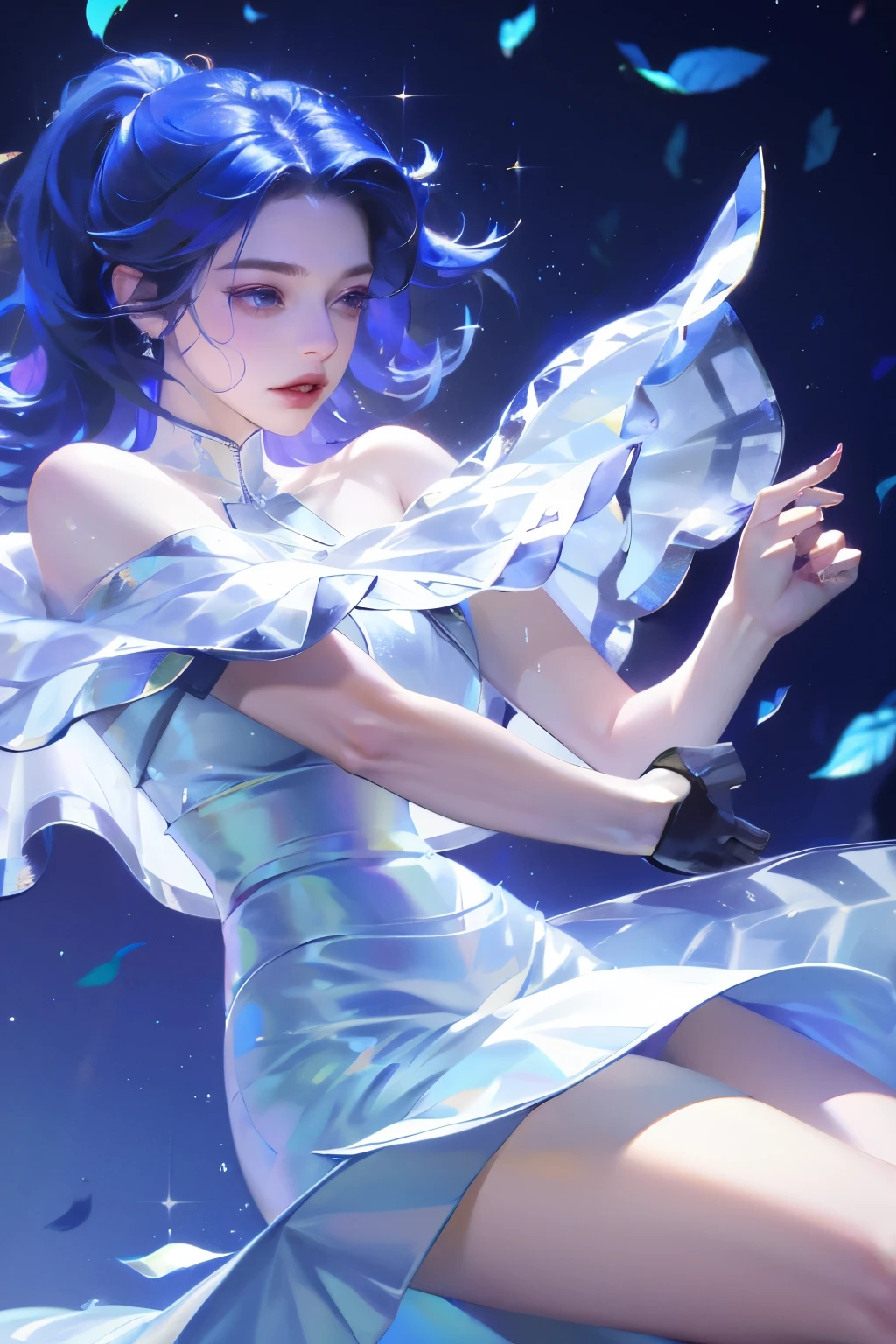 1 girl，clear water，blue butterfly，Pure white gauze skirt，sparkling，Upper body close-up
