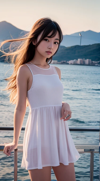 top-quality、masterpiece、ultra res、a beauty girl、night seaside、cute girl face、 dress、is wearing dress、full bodyesbian、Famous actresses of Japan、very beautiful face、A sexy