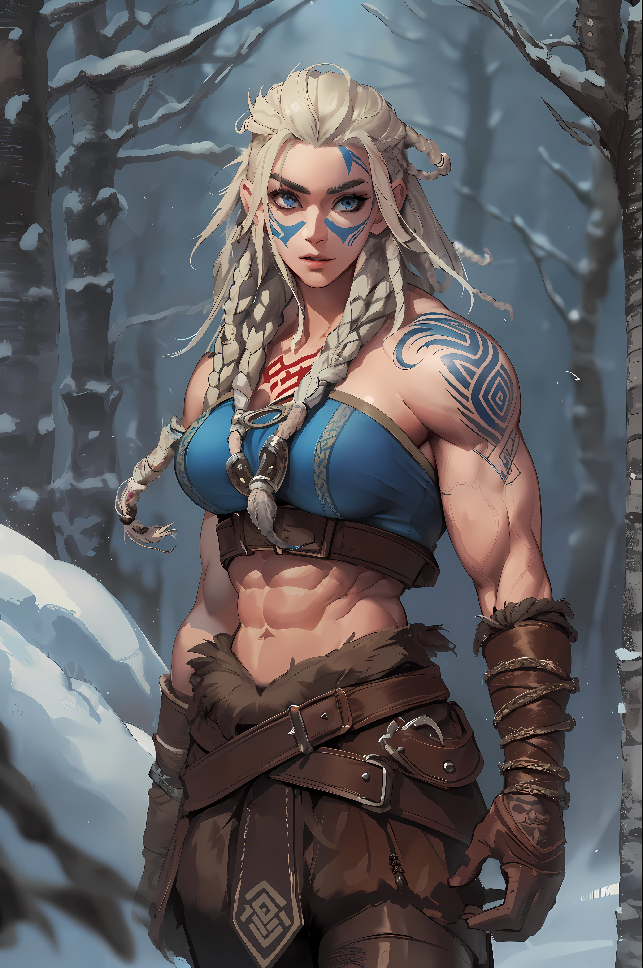 solo Female viking, (young:1.2), (muscular:1.2), fit, wearing brown furs and hides, (wearing furs:1.3) (blue norse tattoos:1.2), blue eyes, platinum blonde hair, (Dreadlocks:1.7), (Dreads:1.4), (Sideshave:1.6), warrior hair, Setting is a Scandinavian forest in winter, snow, bare arms, exposed naval, (abs:1.2). Highly detailed, norse, berserker, arm muscles, leg muscles, (bulky:1.2), leather straps, (large breasts:1.3), waist up, wide waist, stocky, (tall:1.4)