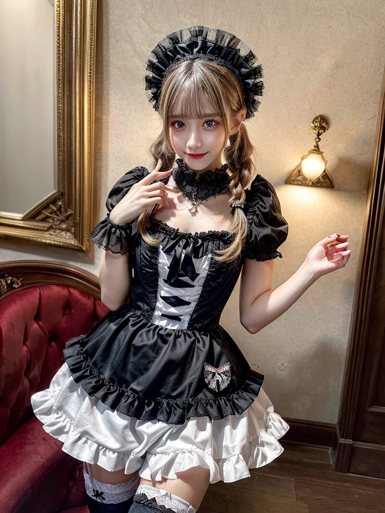 (8K, Photorealistic, Raw photo, of the highest quality: 1.3), (1girl in), Super beautiful, (Realistic face), (boyish, Silver Color Berry Shorthair), Beautiful , Glare that captivates the viewer, Beautiful expression, Beautiful breasts, (Realistic skin), Be...Super high quality, super high definition, super detailed, masterpiece, 20years old, female, cute, perfect face, beautiful, nice body, gothic lolita clothes, gothic lolita fashion, frilly skirt, headdress, necklace, bracelet, knee-high socks, boots, double eyelids, tear bags, Detailed down to the fingers, photo-like description, indoors, dim indoor lighting, blonde hair, twin tail, standing, whole body, composition that shows the whole body, smiling