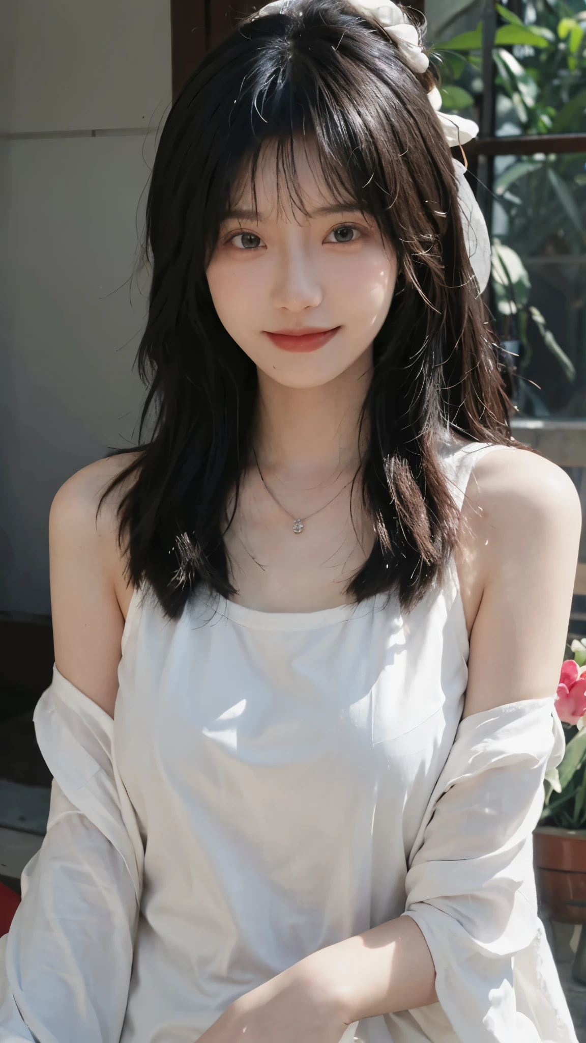 best quality， ultra high resolution， （realistically：1.4），cute hairpin，Baoyu Girl，European style apartment，A pair of clear and charming peach blossom eyes,Royal sister，The sun shines on the face，big breasts，Big wavy hairstyle，（necklace：1.2），（White skin：1.4），a sense of atmosphere，a beautiful girl， Smile，looking directly at the viewer， (lifelike:1.4),1 girl,Sexy,(Upper body:1.4),(wet),(:1.2)