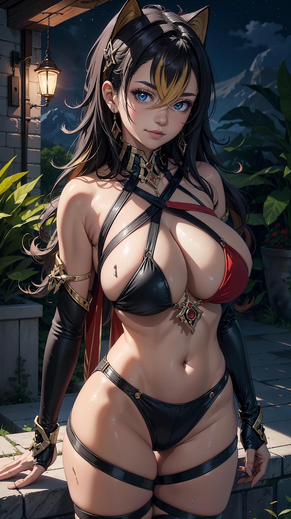 Masterpiece, high quality, 8k,detailed body, ultra detailed, detailed face, standing, blush, bright eye, outdoors, (detail face), dehyadef, (gigantic breasts),(night), half body, smile,