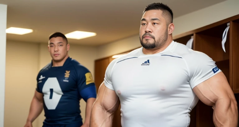 (wearing rugby uniform:1.4), (facing each other:1.4), (at club locker room:1.2), 40's, Japanese man, Chinese man, Korean man, Taiwanese man, manly face, fat face, (round face:1.4), (monolid eyes:1.2), (buzz cut:1.4), very large and strong body, bulky body, beefy muscles, (bulging muscles:1.4), (very large pectoral muscles:1.4), (muscular arms:1.4), muscular abs, muscular legs, muscular back, brightens oily skin, master piece, (realistic:1.4), panorama, distant view