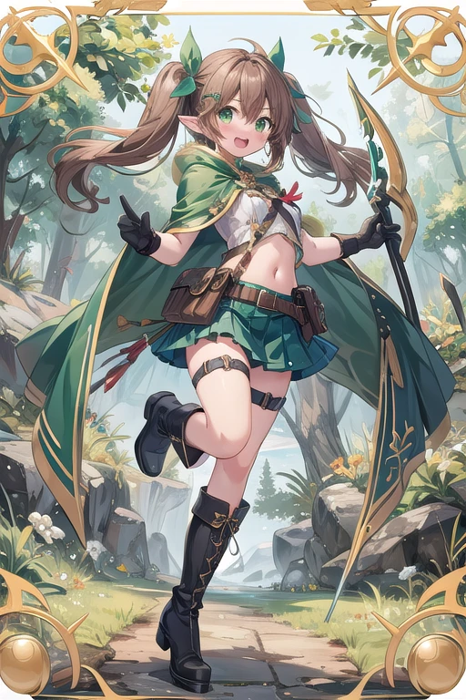 -arcana,arcana,Windranger anime style, solo, bow \(weapon\), weapon, 1girl, simple background, flower, long hair,, bug, green eyes, arrow \(projectile\), no humans, full bodyexposed belly, brown hair with red tips
