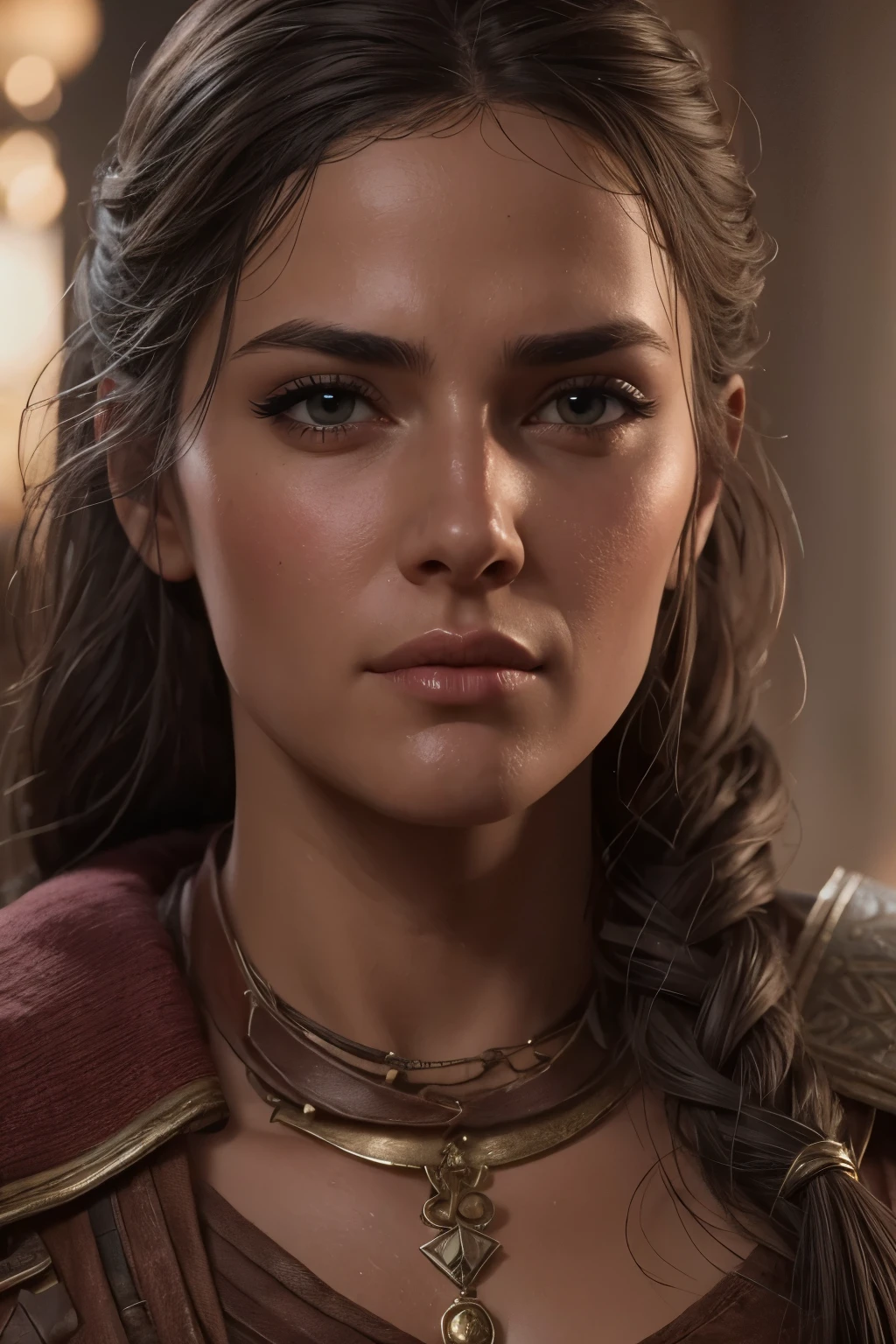 extremely detailed Kassandra Assassin's Creed Universe,Detailed Lips, Detailed Eyes, detailed eyelashes, detailed face, textured skin, super detail lighting, mid body shot,