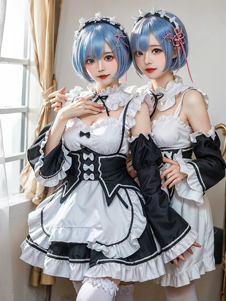 (8K, Photorealistic, Raw photo, of the highest quality: 1.3), (1girl in), Super beautiful, (Realistic face), (boyish, Silver Color Berry Shorthair), Beautiful , Glare that captivates the viewer, Beautiful expression, Beautiful breasts, (Realistic skin), Be...Create a detailed and colorful image of Ram and Rem from Re:Zero, standing back-to-back in their maid outfits, with a magical fantasy background、14years old, two girls,sisters,cute, perfect face, beautiful,gothic lolita clothes, gothic lolita fashion, frilly skirt, headdress, necklace, bracelet, knee-high socks, boots, double eyelids, tear bags, Detailed down to the fingers, photo-like description, indoors, dim indoor lighting, one girl is pink hair and short bob, another girl is light blue hair and short bob,standing, whole body, composition that shows the whole body, smiling,The Both of them are wearing the same type of maid outfit,Put her hands behind her back